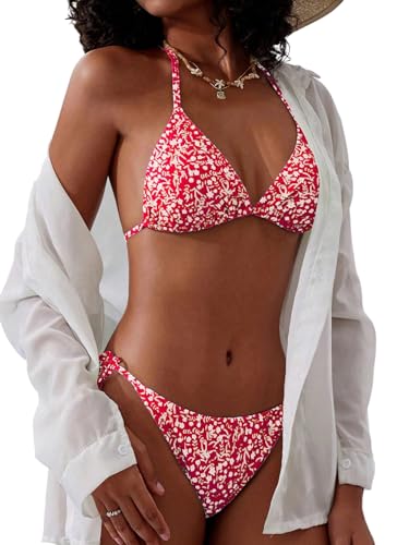 GORGLITTER Damen Bikini Set Triangel Zweilteiliger Bikini Sets Neckholder Bikinis Triangle Badeanzug Boho Hohe Taille Blumenmuster Swimmsuits Bademode Rot M von GORGLITTER