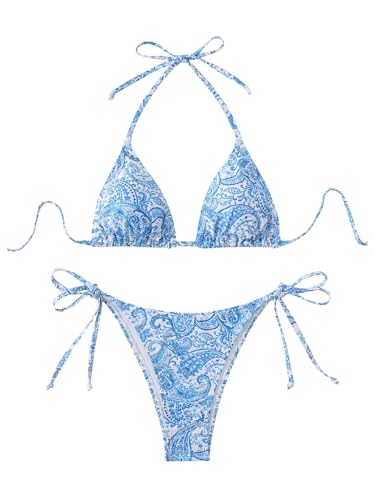 GORGLITTER Damen Bikini Set Triangle Badeanzug Bauchweg Bikini-Set Gemuster Bademode 2-teiler Neckholder Strandanzug mit Knoten Blau S von GORGLITTER