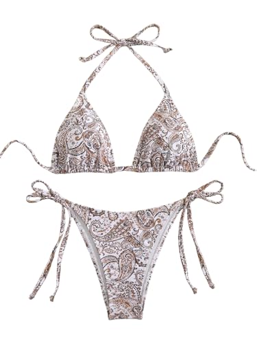 GORGLITTER Damen Bikini Set Triangle Badeanzug Bauchweg Bikini-Set Gemuster Bademode 2-teiler Neckholder Strandanzug mit Knoten Braun L von GORGLITTER