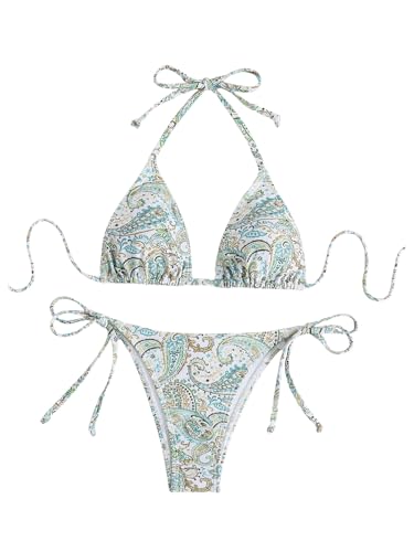 GORGLITTER Damen Bikini Set Triangle Badeanzug Bauchweg Bikini-Set Gemuster Bademode 2-teiler Neckholder Strandanzug mit Knoten Grün M von GORGLITTER