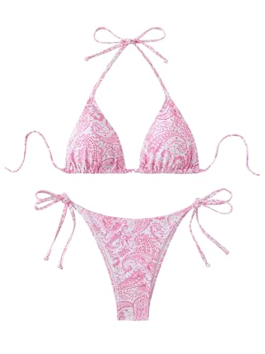 GORGLITTER Damen Bikini Set Triangle Badeanzug Bauchweg Bikini-Set Gemuster Bademode 2-teiler Neckholder Strandanzug mit Knoten Rosa S von GORGLITTER