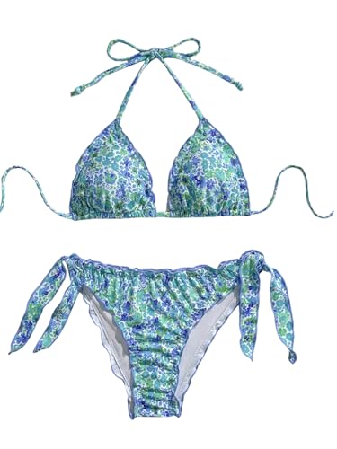 GORGLITTER Damen Bikini-Set Triangle Badeanzug Neckholder Zweiteiliger Bademode Blümchen Boho Strand Swimsuits Schwimmanzug mit Wellensaum Grün XL GORGLITTER Damen Bikini-Set Triangle Badeanzug Neckholder Zweiteiliger Bademode Blümchen Boho Strand Swimsuits Schwimmanzug mit Wellensaum Grün XL von GORGLITTER