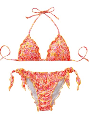 GORGLITTER Damen Bikini-Set Triangle Badeanzug Neckholder Zweiteiliger Bademode Blümchen Boho Strand Swimsuits Schwimmanzug mit Wellensaum Orange L GORGLITTER Damen Bikini-Set Triangle Badeanzug Neckholder Zweiteiliger Bademode Blümchen Boho Strand Swimsuits Schwimmanzug mit Wellensaum Orange L von GORGLITTER