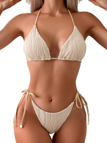 GORGLITTER Damen Bikini Set Triangle Badeanzug Zweiteiler Bikini-Set Brazilian Rückenfrei Bademode Neckholder Strandanzug Swimsuiti Set mit Knoten Beige XL von GORGLITTER