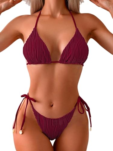 GORGLITTER Damen Bikini Set Triangle Badeanzug Zweiteiler Bikini-Set Brazilian Rückenfrei Bademode Neckholder Strandanzug Swimsuiti Set mit Knoten Bordeaux M von GORGLITTER