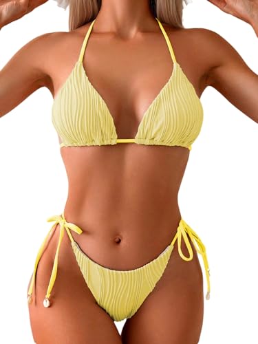 GORGLITTER Damen Bikini Set Triangle Badeanzug Zweiteiler Bikini-Set Brazilian Rückenfrei Bademode Neckholder Strandanzug Swimsuiti Set mit Knoten Gelb M GORGLITTER Damen Bikini Set Triangle Badeanzug Zweiteiler Bikini-Set Brazilian Rückenfrei Bademode Neckholder Strandanzug Swimsuiti Set mit Knoten Gelb M von GORGLITTER