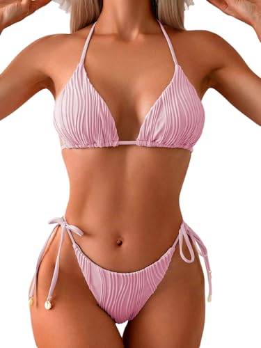 GORGLITTER Damen Bikini Set Triangle Badeanzug Zweiteiler Bikini-Set Brazilian Rückenfrei Bademode Neckholder Strandanzug Swimsuiti Set mit Knoten Rosa M von GORGLITTER