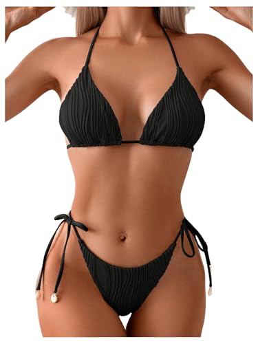 GORGLITTER Damen Bikini Set Triangle Badeanzug Zweiteiler Bikini-Set Brazilian Rückenfrei Bademode Neckholder Strandanzug Swimsuiti Set mit Knoten Schwarz S von GORGLITTER