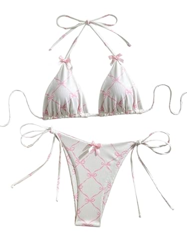GORGLITTER Damen Bikini Set Triangle Bademode Badeanzug Süße Neckholder Swimsuits Zweiteiler Hohe Taille Tanga Strandanzug Sommer Outfit Weiß und Rosa M von GORGLITTER