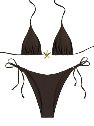 GORGLITTER Damen Bikini-Set Triangle Bikini Set Süß Badeanzug Neckholder Bikinis Hohe Taille Tangas Strand Zweiteilige Swimsuits Bademode Kaffeebraun L von GORGLITTER