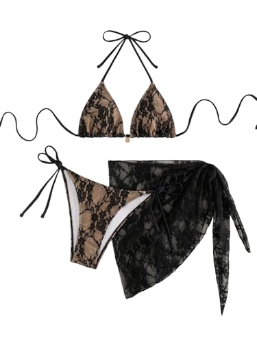 GORGLITTER Damen Bikini Set Triangle Bikinis 3 teiler Bikini-Set Neckholder Badeanzug Hohe Taille Bikini Spitzen Strandanzug Bademode Beige M von GORGLITTER