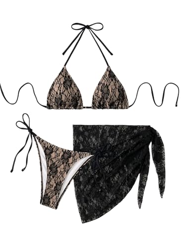GORGLITTER Damen Bikini Set Triangle Bikinis 3 teiler Bikini-Set Neckholder Badeanzug Hohe Taille Bikini Spitzen Strandanzug Bademode Schwarz L von GORGLITTER