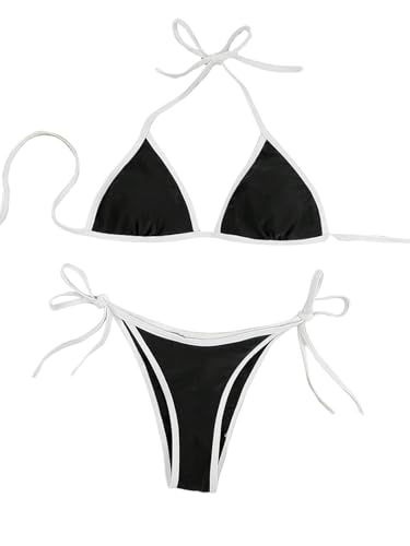GORGLITTER Damen Bikini Set Triangle Neckholder Bikini-Set Farbblock Bikinis Zweiteiliger Swimsuits Strand Badeanzug Hohe Taille Bikinihose Bademode Schwarz M von GORGLITTER