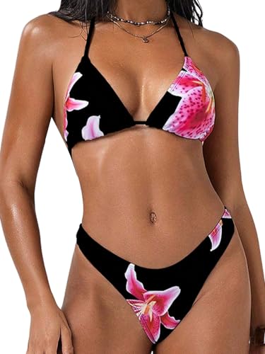 GORGLITTER Damen Bikini-Set Y2K Triangle Neckholder Bikinis Leoprint Boho Badeanzug Hohe Taille Tangas Sommer Swimsuits Zweiteiliger Set Bademode Schwarz und Heißes Pink L von GORGLITTER