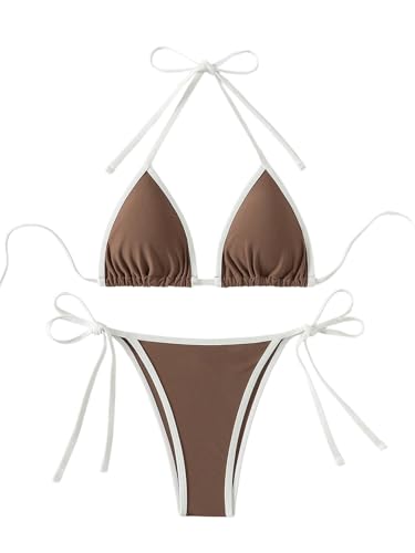 GORGLITTER Triangel Bikini Damen Set Zweiteiler Neckholder Badeanzug Hohe Taille Sommer Tangas Swimsuits Bademode Strand Outfits Kaffeebraun XS von GORGLITTER