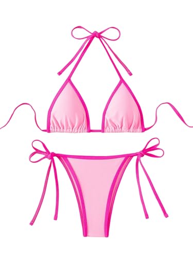 GORGLITTER Triangel Bikini Damen Set Zweiteiler Neckholder Badeanzug Hohe Taille Sommer Tangas Swimsuits Bademode Strand Outfits Rosa XL von GORGLITTER