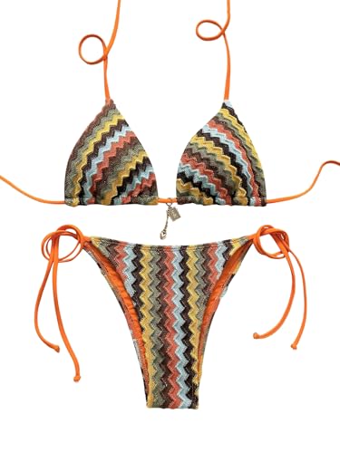 GORGLITTER Damen Bikini-Set Zweiteilige Badeanzug Triangle Bikini Neckholder Strandmode Hohe Taille Tanga Boho Bademode Bunter Swimsuit Strandoutfit Braun L von GORGLITTER