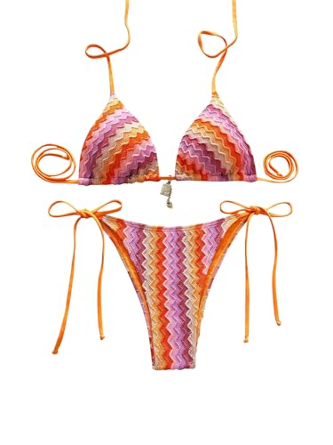 GORGLITTER Damen Bikini-Set Zweiteilige Badeanzug Triangle Bikini Neckholder Strandmode Hohe Taille Tanga Boho Bademode Bunter Swimsuit Strandoutfit Orange M von GORGLITTER