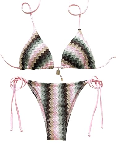 GORGLITTER Damen Bikini-Set Zweiteilige Badeanzug Triangle Bikini Neckholder Strandmode Hohe Taille Tanga Boho Bademode Bunter Swimsuit Strandoutfit Rosa M von GORGLITTER
