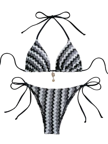GORGLITTER Damen Bikini-Set Zweiteilige Badeanzug Triangle Bikini Neckholder Strandmode Hohe Taille Tanga Boho Bademode Bunter Swimsuit Strandoutfit Schwarz M von GORGLITTER