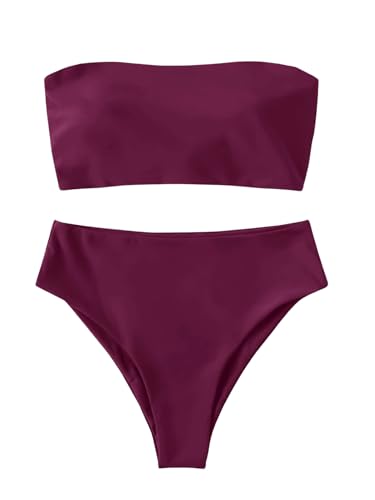GORGLITTER Damen Bikini-Set Zweiteiliger Badeanzug Ärmellos Bikini Set mit Schnürung Hoher Taille 2 Teiliger Badeanzüge Bandeau Swimsuits Bademode Rotviolett M von GORGLITTER