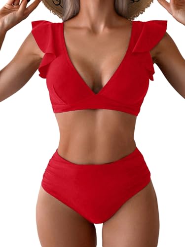 GORGLITTER Damen Bikini Set Zweiteiliger Badeanzug Bauchweg Hohe Taille Strandanzug Sommer Strand Outfits Swimsuits Bademode Strandanzug Rot XL von GORGLITTER