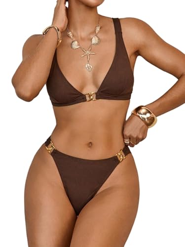 GORGLITTER Damen Bikini-Set Zweiteiliger Badeanzug Rückenfrei Bikini mit Hohe Taille Tangas Sommer Swimsuits Strandurlaub Outfits Bademode Kaffeebraun L von GORGLITTER