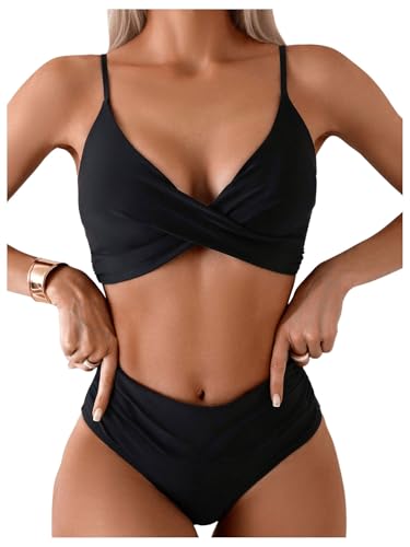 GORGLITTER Damen Bikini-Set Zweiteiliger Bikini Sets Swimsuits Einfarbig Badeanzug Bauchweg Hohe Taille Bademode Strandanzug Schwarz M von GORGLITTER