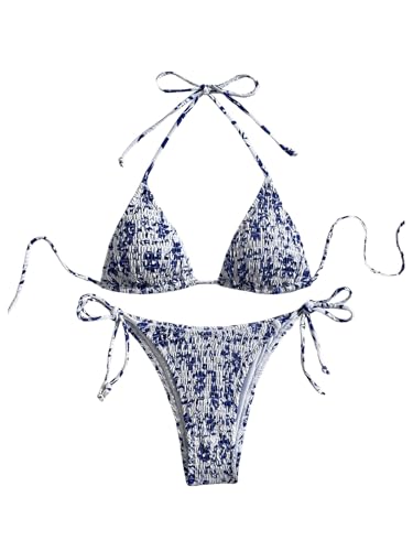GORGLITTER Damen Bikini Set mit Leopardmuster Badeanzug Zweiteiliger Triangel Bademode Neckholder Swimsuit Leoprint Strandmode Set Blau L von GORGLITTER