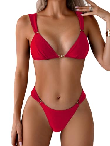 GORGLITTER Damen Bikini Set mit Ringdekor Badeanzug Einfarbig Bikini-Set Hohe Tailie Bikinis Rückenfrei Swimsuits 2-teiliges Set Strandanzug Bademode Rot L von GORGLITTER