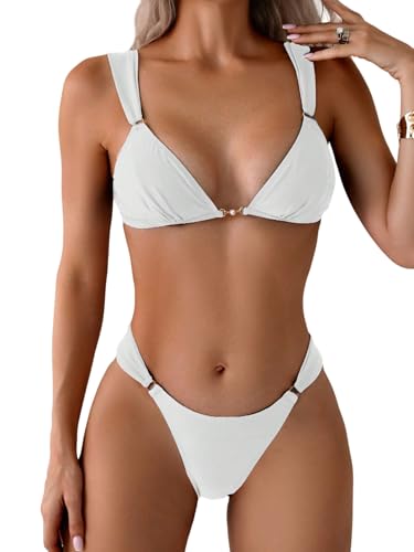 GORGLITTER Damen Bikini Set mit Ringdekor Badeanzug Einfarbig Bikini-Set Hohe Tailie Bikinis Rückenfrei Swimsuits 2-teiliges Set Strandanzug Bademode Weiß XS von GORGLITTER