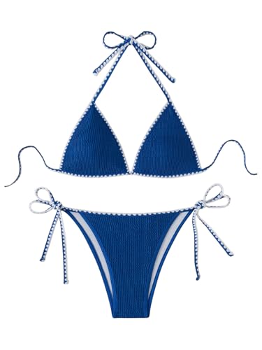 GORGLITTER Damen Bikini Sets Bademode Set 2 Stücke Swimwear Neckholder Bikinitop High Waist Tangas Triangel Bademode Zweiteiliger Badeanzug mit Kontrastbindung Blau M von GORGLITTER