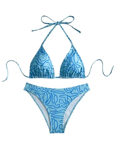 GORGLITTER Damen Bikini Sets Bademode Set 2 Stücke Swimwear Neckholder Triangel Bikinitop und Tangas Zweiteiliger Badeanzug mit Schnürung Blau S von GORGLITTER
