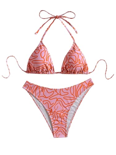 GORGLITTER Damen Bikini Sets Bademode Set 2 Stücke Swimwear Neckholder Triangel Bikinitop und Tangas Zweiteiliger Badeanzug mit Schnürung Orange XS von GORGLITTER