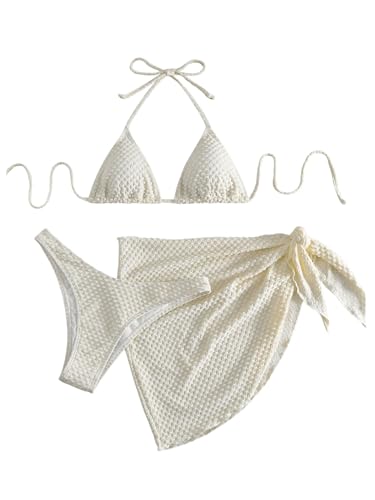 GORGLITTER Damen Bikini Sets Bademode Set 3 Stücke Swimwear Neckholder Triangel Bikinitop Tangas Cuver Up Bikinis mit Schnürung Aprikosenfarben XS von GORGLITTER