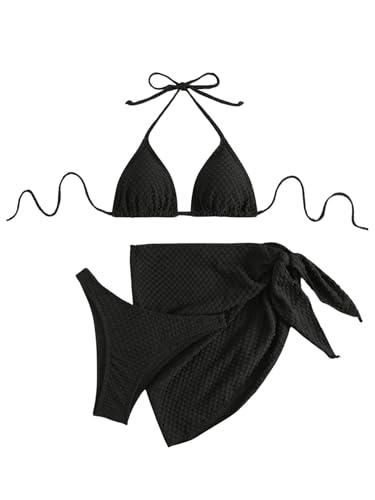 GORGLITTER Damen Bikini Sets Bademode Set 3 Stücke Swimwear Neckholder Triangel Bikinitop Tangas Cuver Up Bikinis mit Schnürung Schwarz L von GORGLITTER