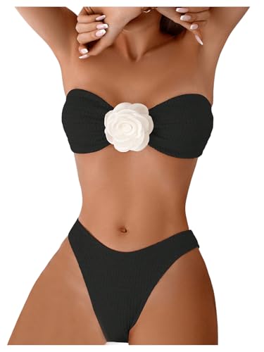 GORGLITTER Damen Bikini Sets Bandeau Bikinitop Tanga High Waist 2 Piece Bademode Zweiteiliger Swimsuits Bikinis mit 3D Blumen Dekor Schwarz M von GORGLITTER