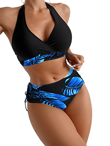 GORGLITTER Damen Bikini Sets Neckholder Triangel Bikinitop High Waist Tropenmuster Tangas Bademode Zweiteiliger Badeanzug mit Schnürzug Blau L von GORGLITTER