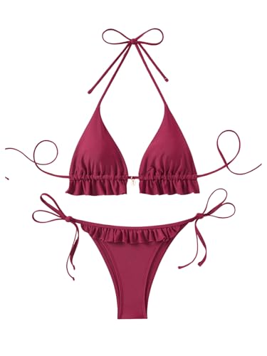 GORGLITTER Damen Bikini Sets Neckholder Triangel Bikinitop Tanga High Waist 2 Piece Bademode Zweiteiliger Swimsuits Bordeaux S von GORGLITTER