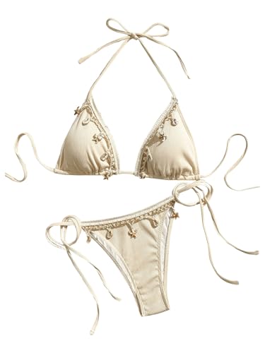 GORGLITTER Damen Bikini Sets Neckholder Triangel Bikinitop Tanga High Waist 2 Piece Bademode Zweiteiliger Swimsuits mit Dekor Beige XS von GORGLITTER