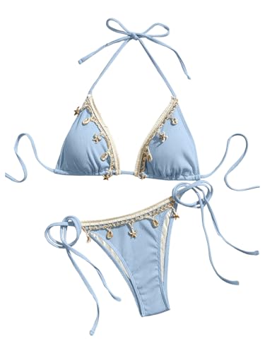 GORGLITTER Damen Bikini Sets Neckholder Triangel Bikinitop Tanga High Waist 2 Piece Bademode Zweiteiliger Swimsuits mit Dekor Hellblau L von GORGLITTER