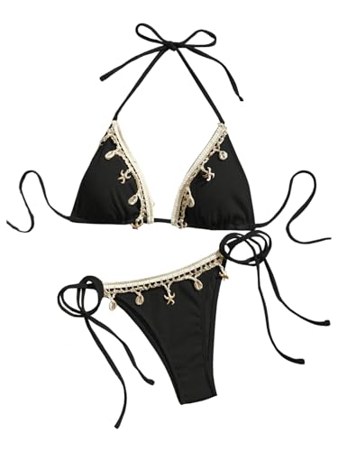 GORGLITTER Damen Bikini Sets Neckholder Triangel Bikinitop Tanga High Waist 2 Piece Bademode Zweiteiliger Swimsuits mit Dekor Schwarz XL von GORGLITTER