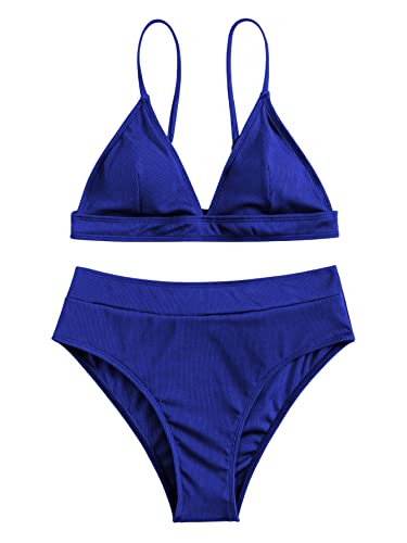 GORGLITTER Damen Bikini Sets Triangel Bikinitop Tanga High Waist Bademode Spaghettiträger Zweiteiliger Swimsuits Sommer Swimwear Königsblau M von GORGLITTER