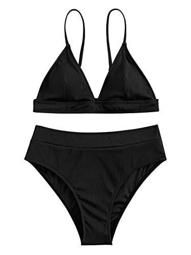 GORGLITTER Damen Bikini Sets Triangel Bikinitop Tanga High Waist Bademode Spaghettiträger Zweiteiliger Swimsuits Sommer Swimwear Schwarz S von GORGLITTER