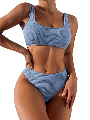 GORGLITTER Damen Bikini Sets U Ausschnitt Riemchen Bikinitop Tanga High Waist Bademode Zweiteiliger Swimsuits Blau M von GORGLITTER