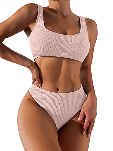 GORGLITTER Damen Bikini Sets U Ausschnitt Riemchen Bikinitop Tanga High Waist Bademode Zweiteiliger Swimsuits Rosa S von GORGLITTER