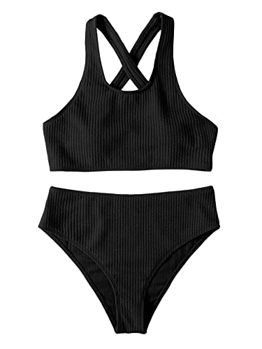 GORGLITTER Damen Bikini Sets U-Ausschnitt Über Kreuz Bikinitop Tanga High Waist Bademode Zweiteiliger Swimsuits Schwarz L von GORGLITTER