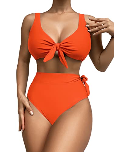 GORGLITTER Damen Bikini Sets V-Ausschnitt Bikinitop Tanga High Waist Bademode Zweiteiliger Swimsuits Sommer Swimwear mit Knoten Orange gebrannt L von GORGLITTER