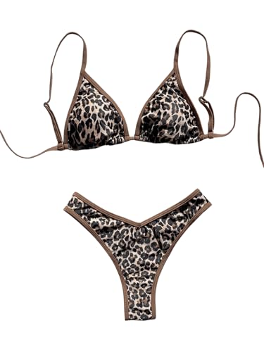 GORGLITTER Damen Bikini Sets mit Leopardmuster Badeanzug Zweiteiliger Bademode Triangel Swimmsuit Strandmode Tangas Sommer Strand Outfit Set Leoprint Strandanzug Braun M von GORGLITTER