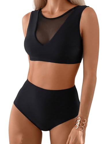 GORGLITTER Damen Bikini Sets mit Mesh Bikinitop Tanga High Waist Bademode Sport Zweiteiliger Swimsuits Tankini Schwarz L von GORGLITTER